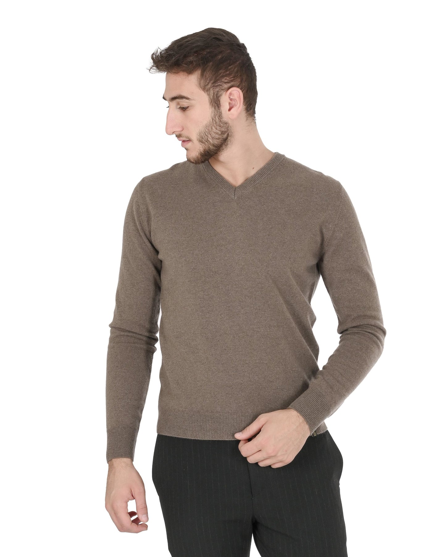 Crown of Edinburgh Cashmere Mens V Neck Sweater COE 0012 TAUPE