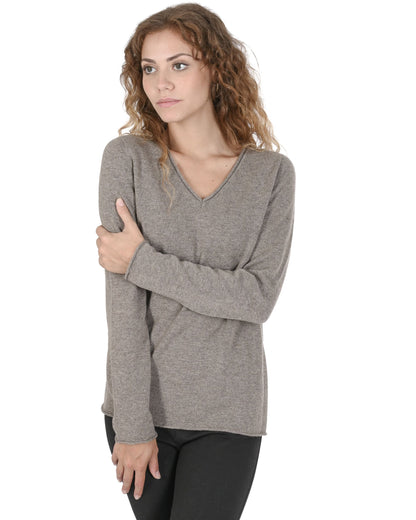 Crown of Edinburgh Cashmere Womens V Neck Sweater COE 0022 TAUPE