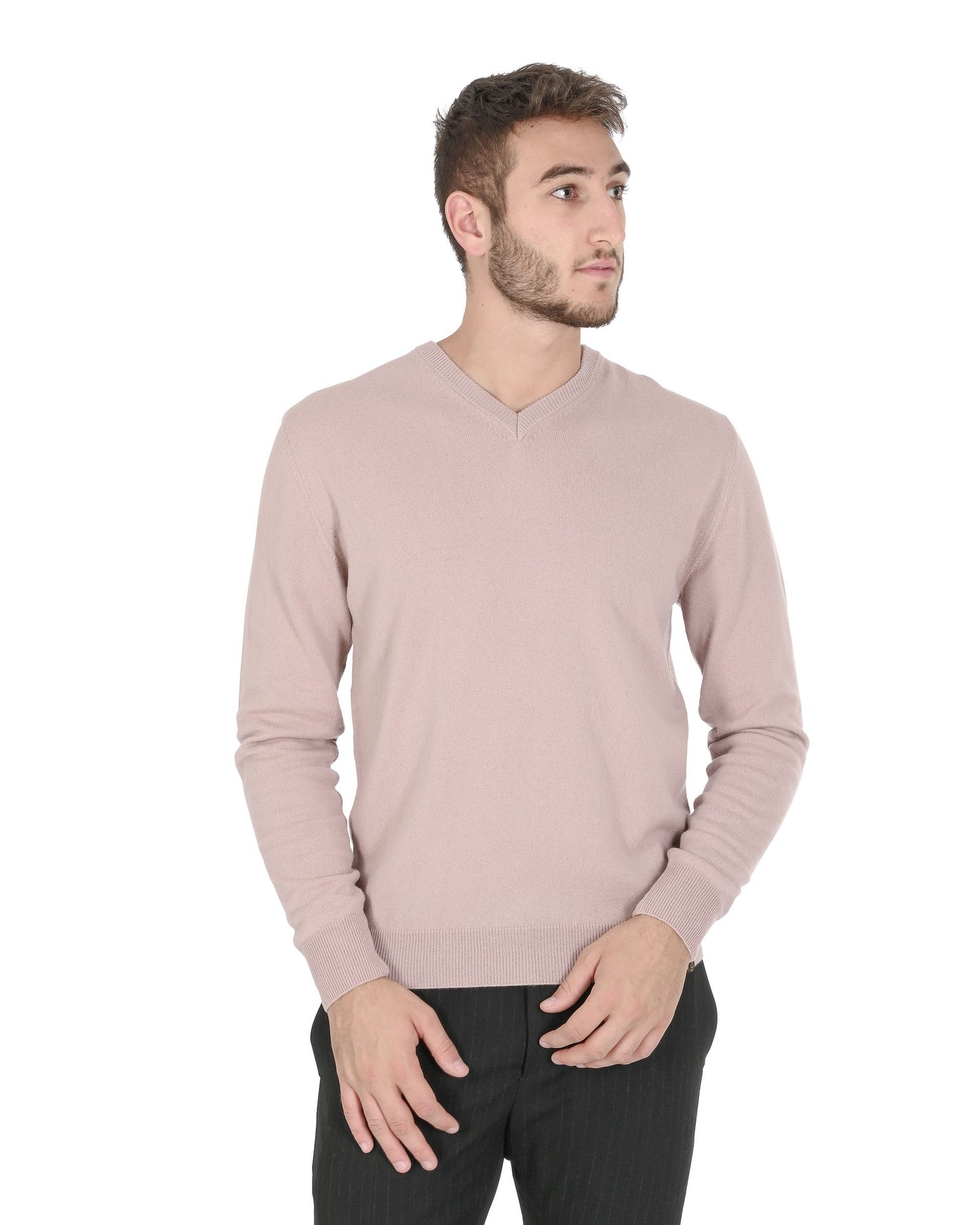 Crown of Edinburgh Cashmere Mens V Neck Sweater COE 0012 DUSTY PINK