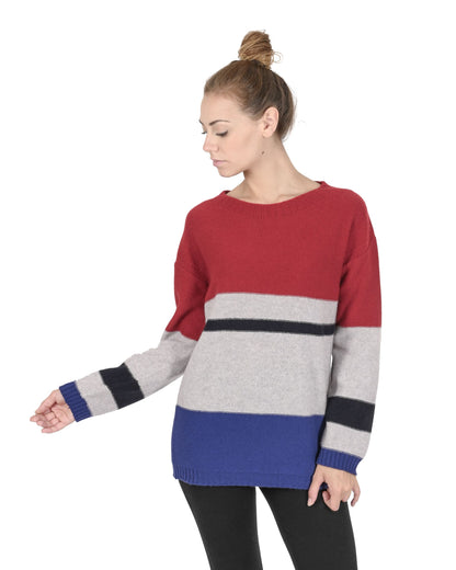 Crown of Edinburgh Cashmere Womens Boat Neck Sweater COE 0017 RED/GREY/BLUE