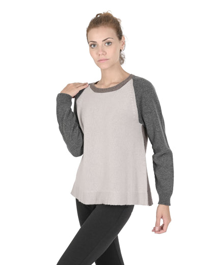 Crown of Edinburgh Cashmere Womens Round Neck Sweater COE 0016 GREY/BEIGE