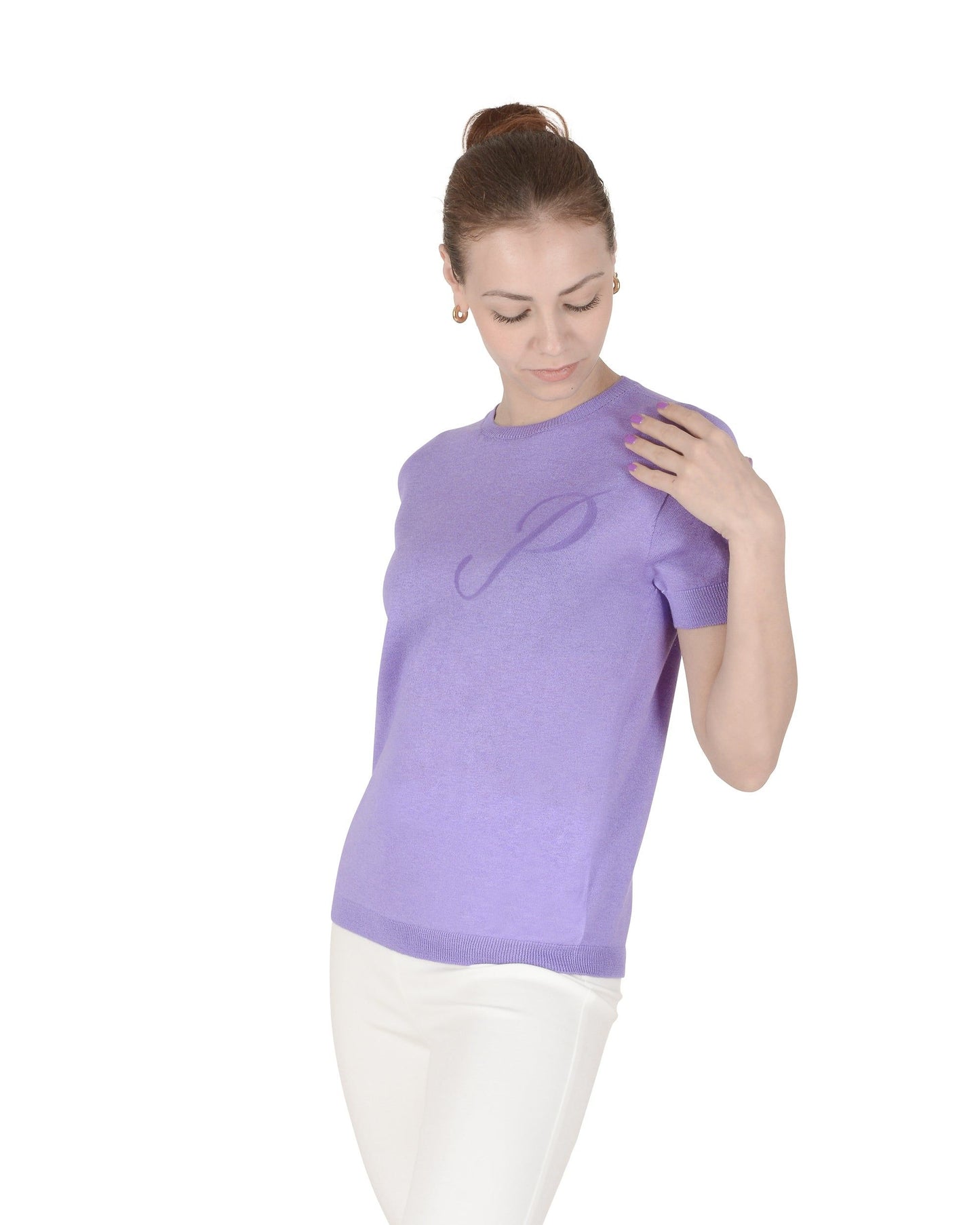 Crown of Edinburgh Cashmere Short Sleeve ART 003 LILAC LETTER P