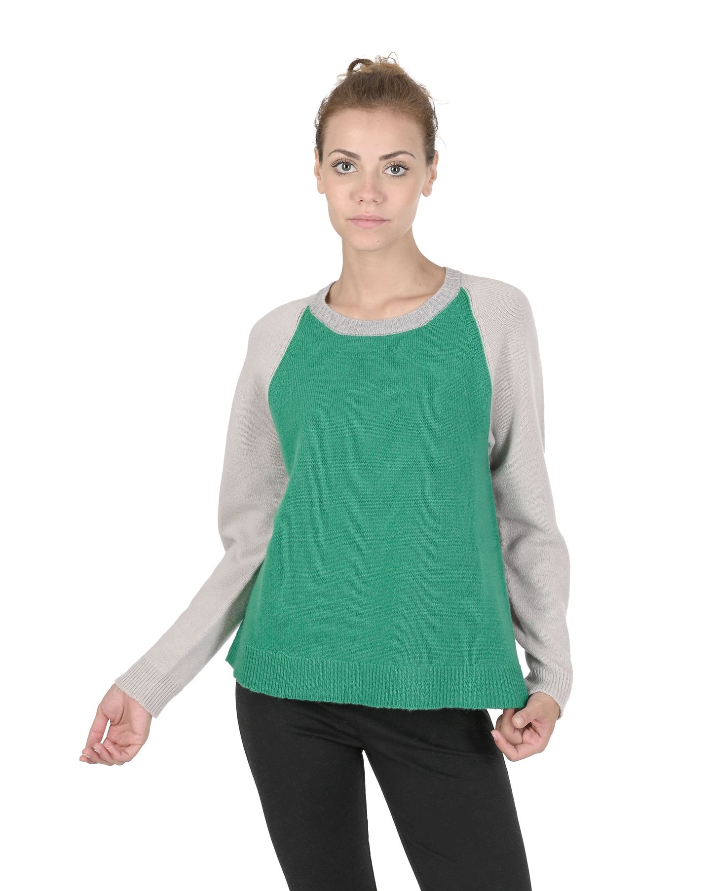 Crown of Edinburgh Cashmere Womens Round Neck Sweater COE 0016 GREEN/CREAM