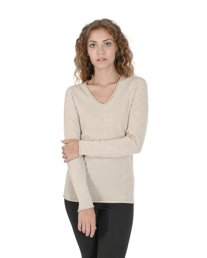 Crown of Edinburgh Cashmere Womens V Neck Sweater COE 0022 BEIGE