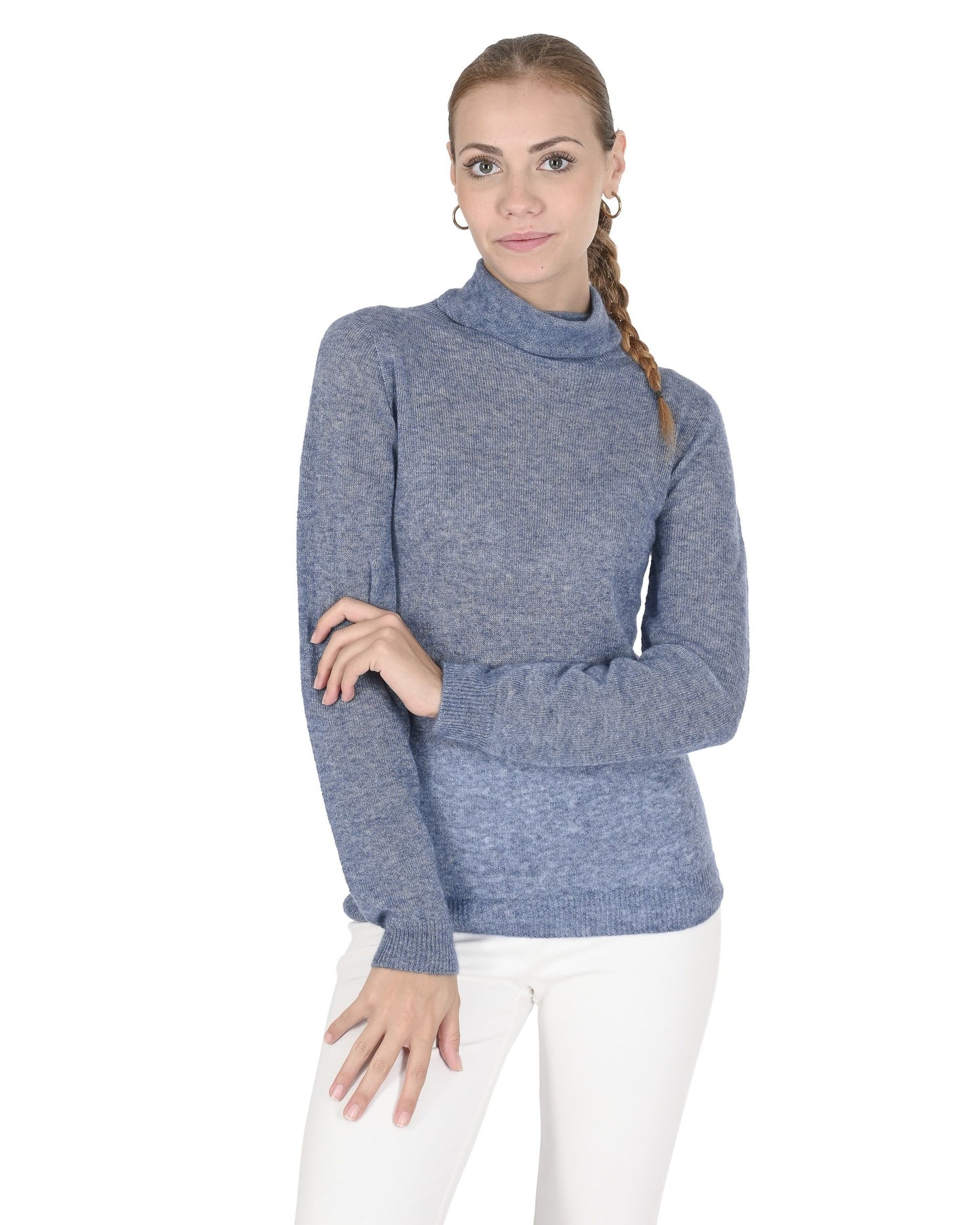 Crown of Edinburgh Cashmere Womens Turtleneck Sweater COE 0019 BLUE MELANGE